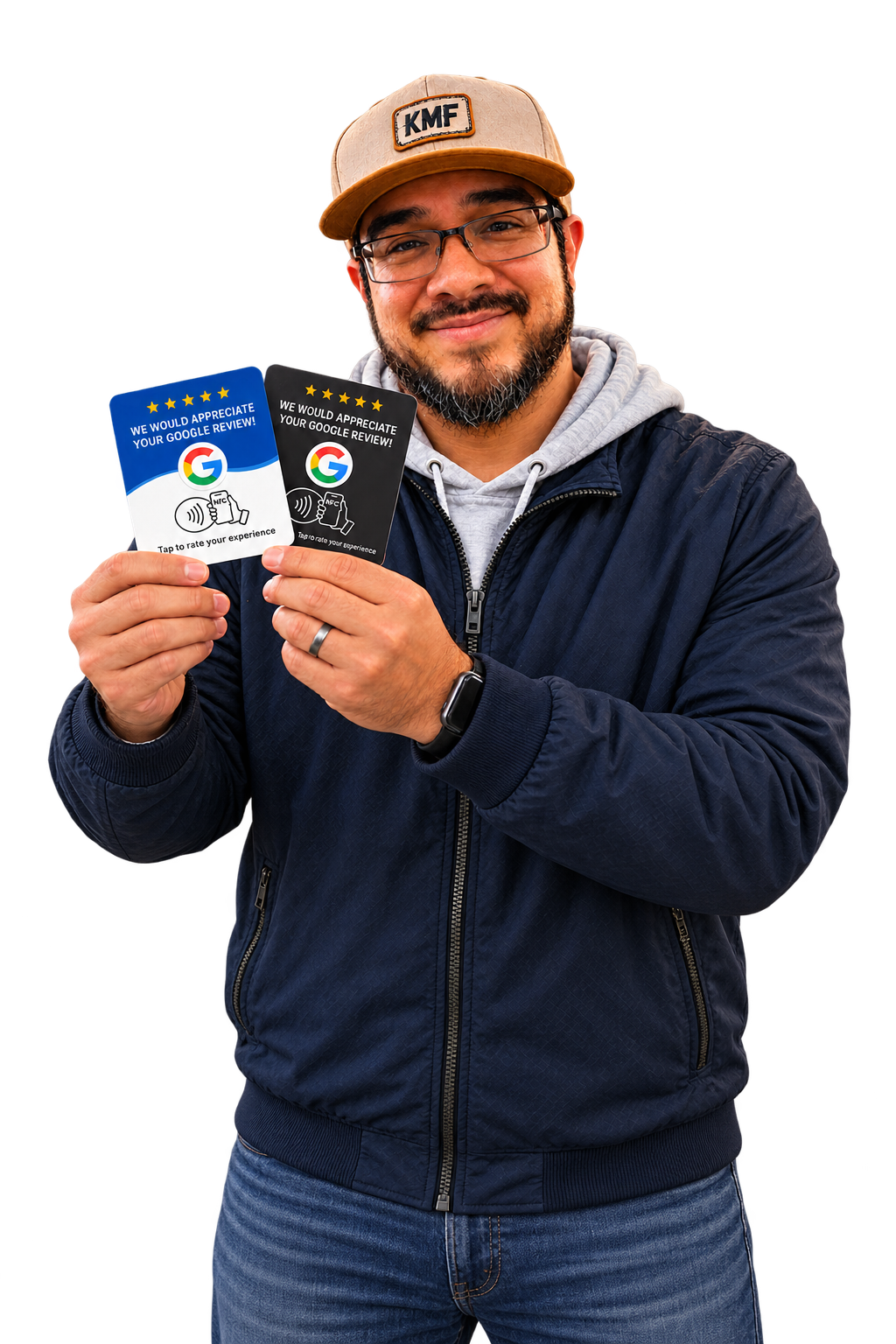 Portrait illustration of Pete holding two ShopSmall ShopLocal Google Review Cards