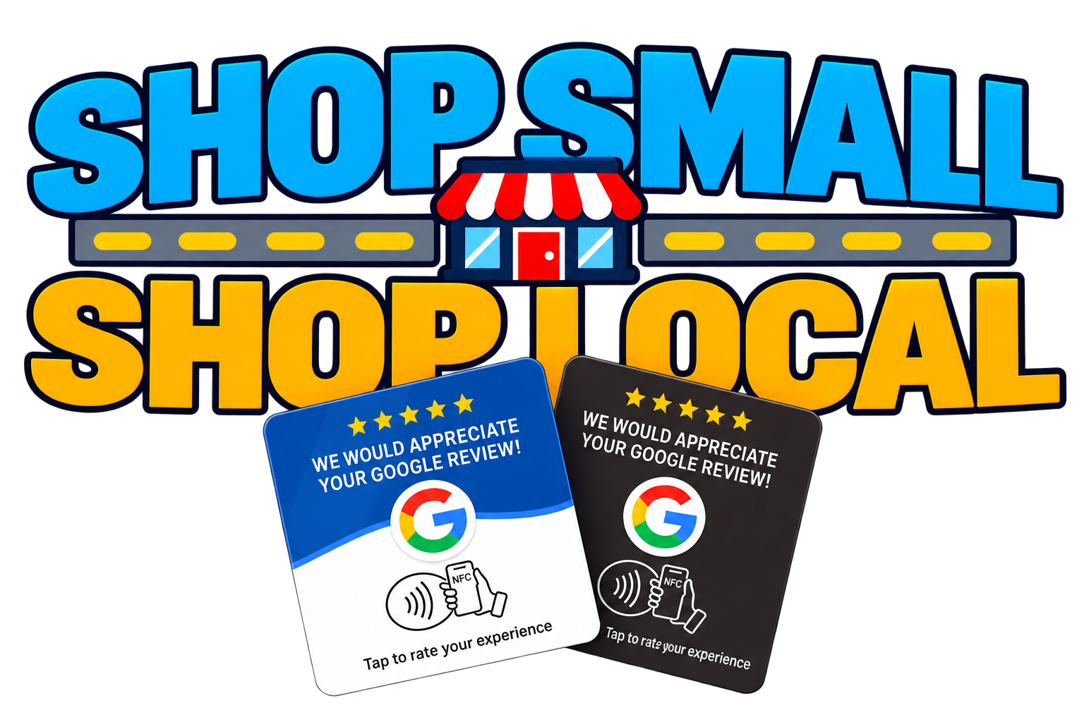 ShopSmall ShopLocal artwork featuring blue and black tap to review cards